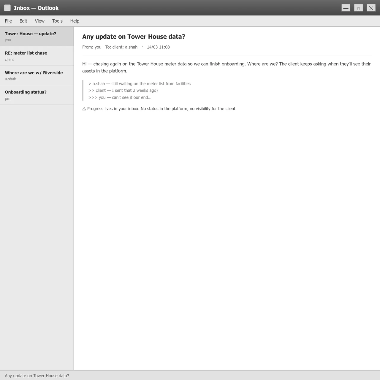 Onboarding progress tracked in email chains with no platform visibility