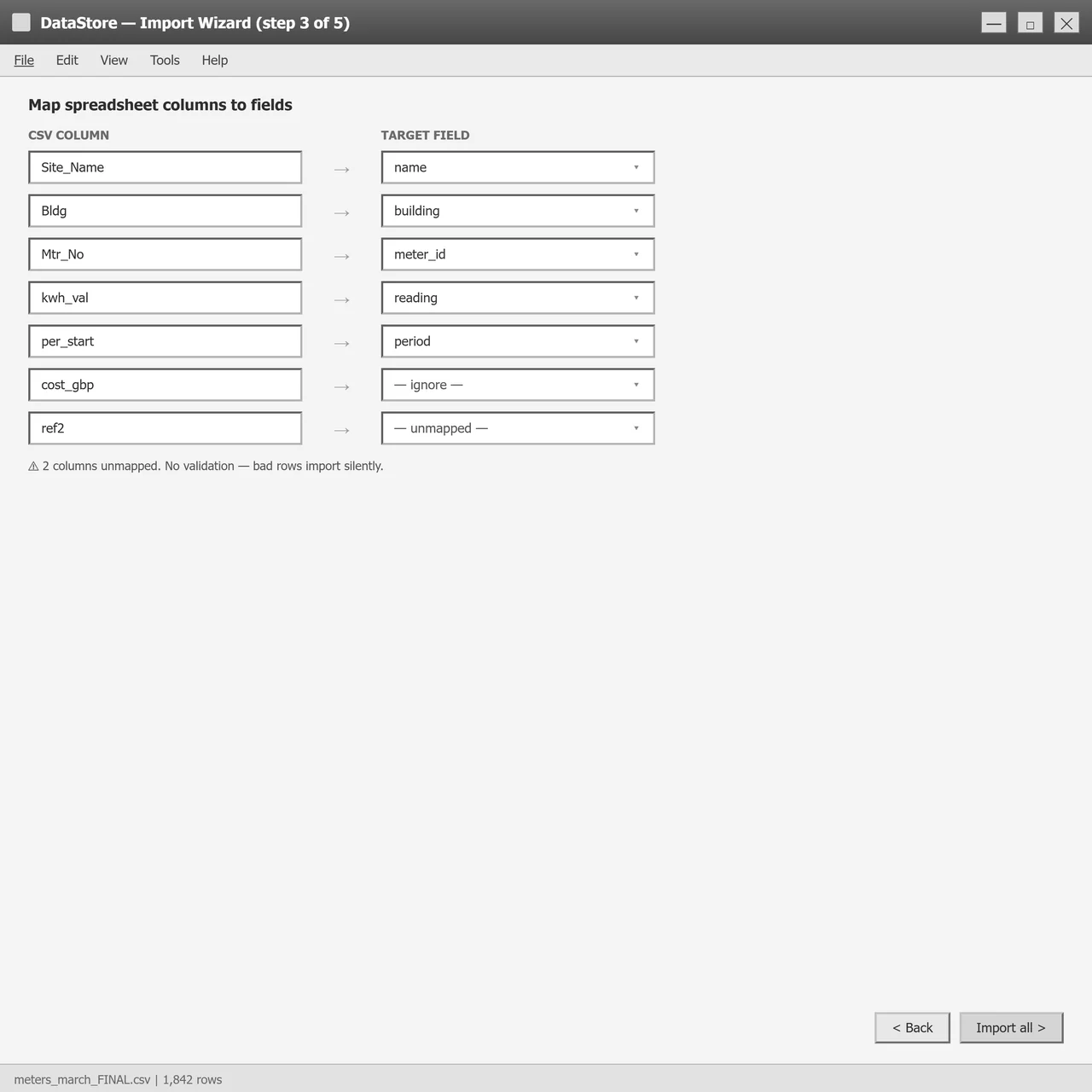 Manual CSV import process with no validation or error feedback