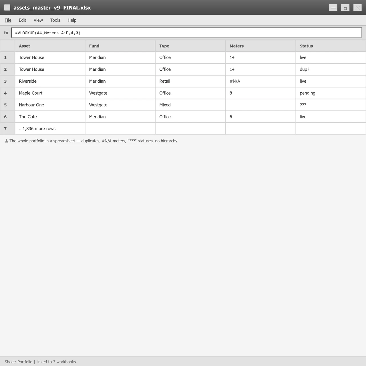 Excel asset register used to manage portfolio data outside the platform