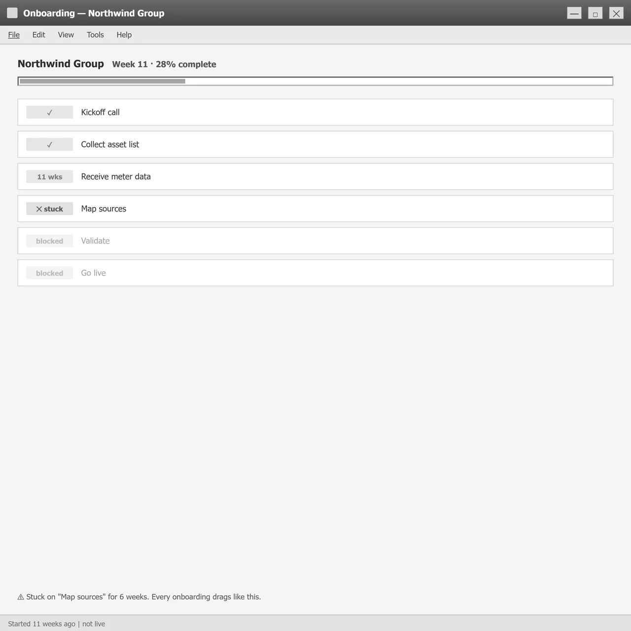 Onboarding process stalling at phases three to five with no visibility into progress