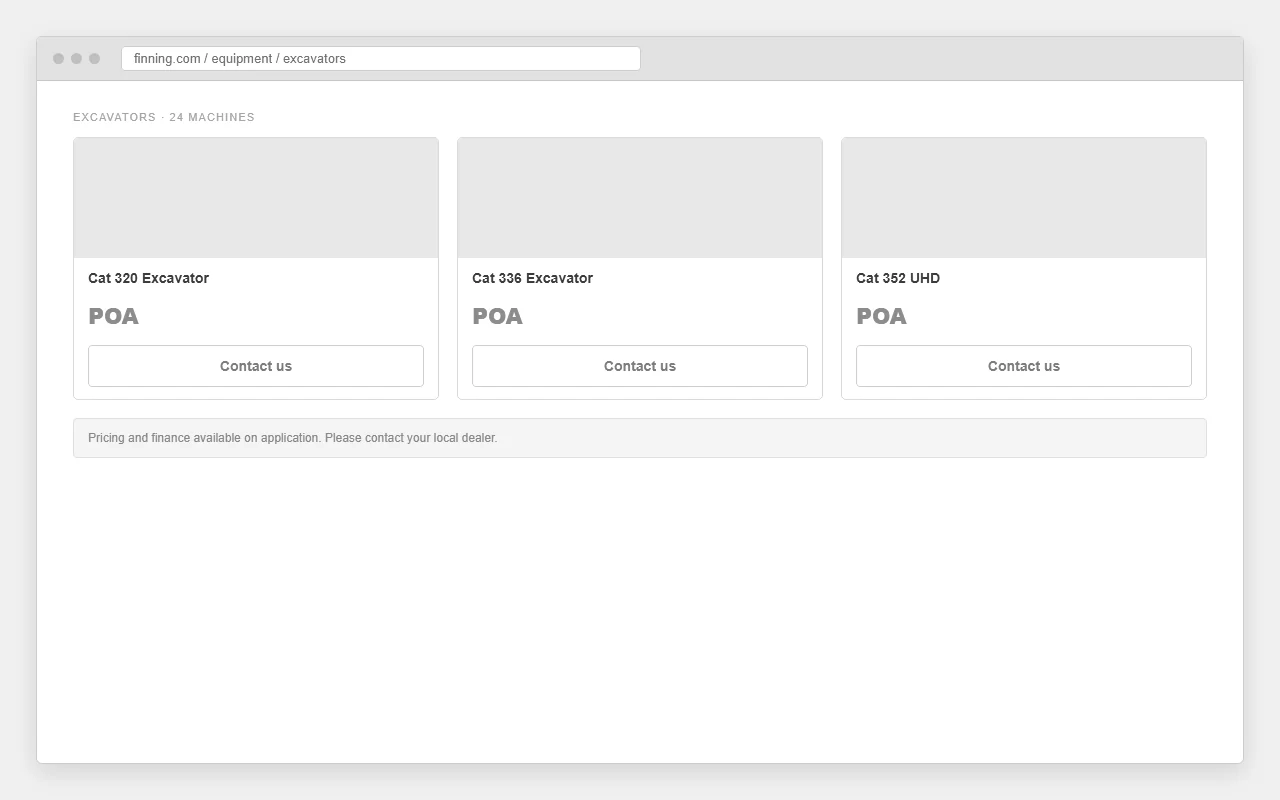 A Finning equipment listing where every machine shows price on application and a contact-us button