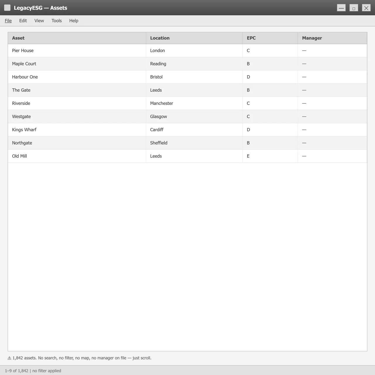 Asset list with over a thousand items and no search, filter, map or attribution