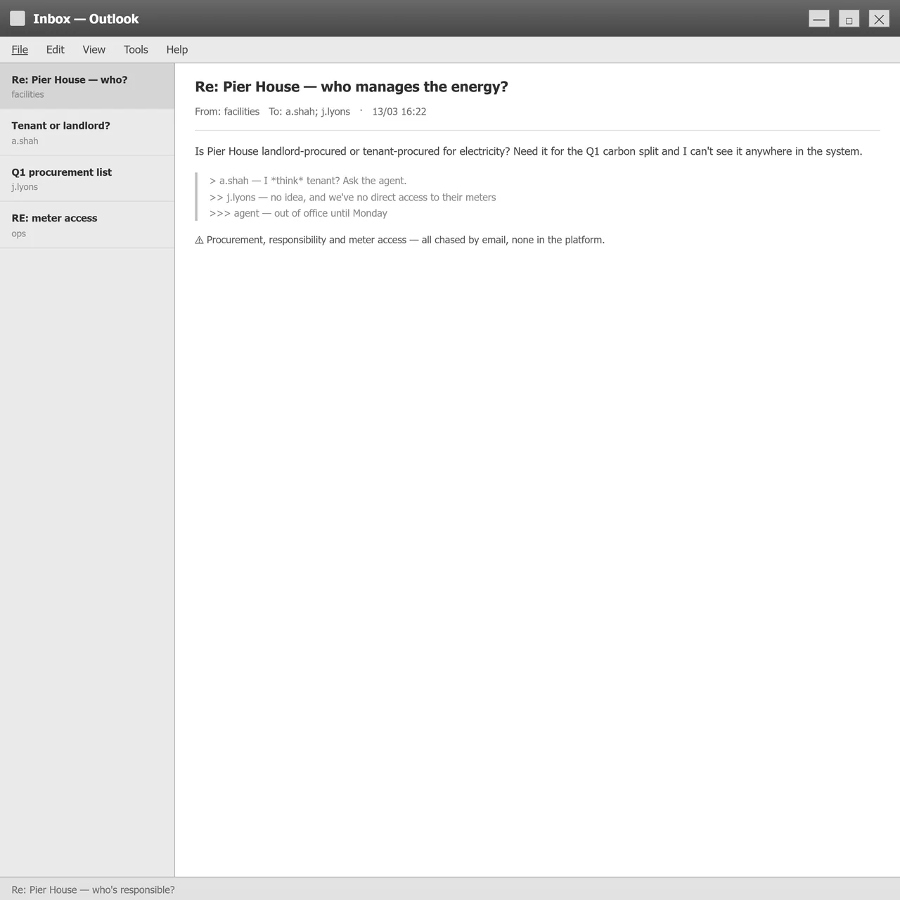 Procurement and meter access responsibility chased by email with nothing tracked in the platform