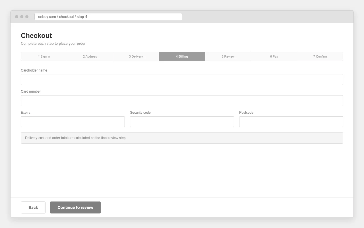 A dated seven-step OnBuy checkout with the order total hidden until the final step