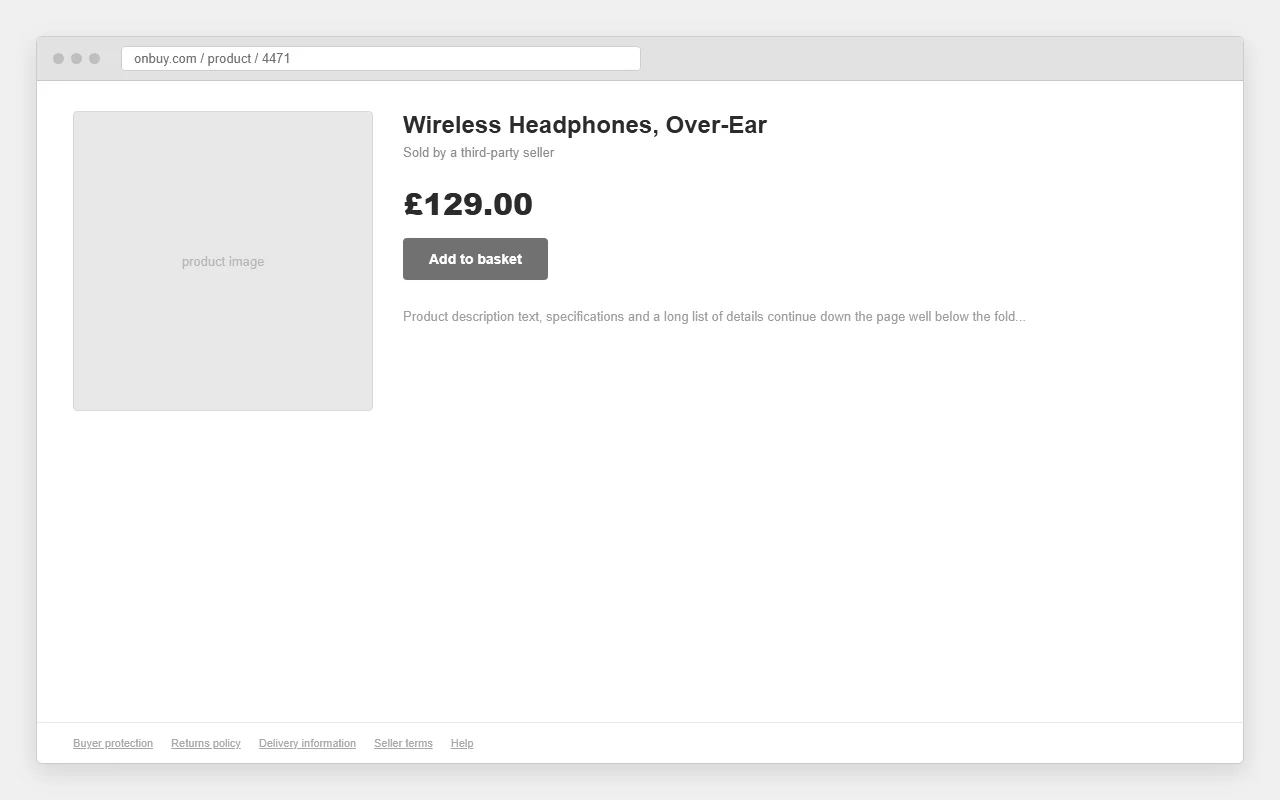 An OnBuy product page with buyer protection and returns relegated to footer links
