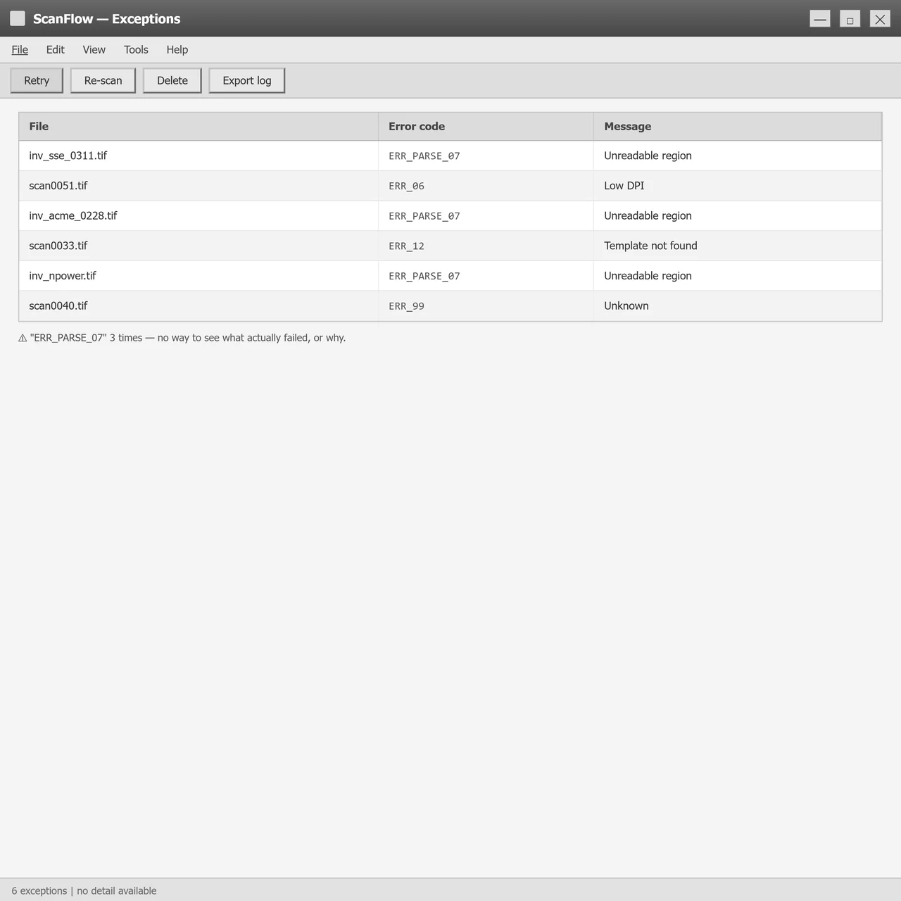 Exception list from manual invoice processing showing errors caught too late