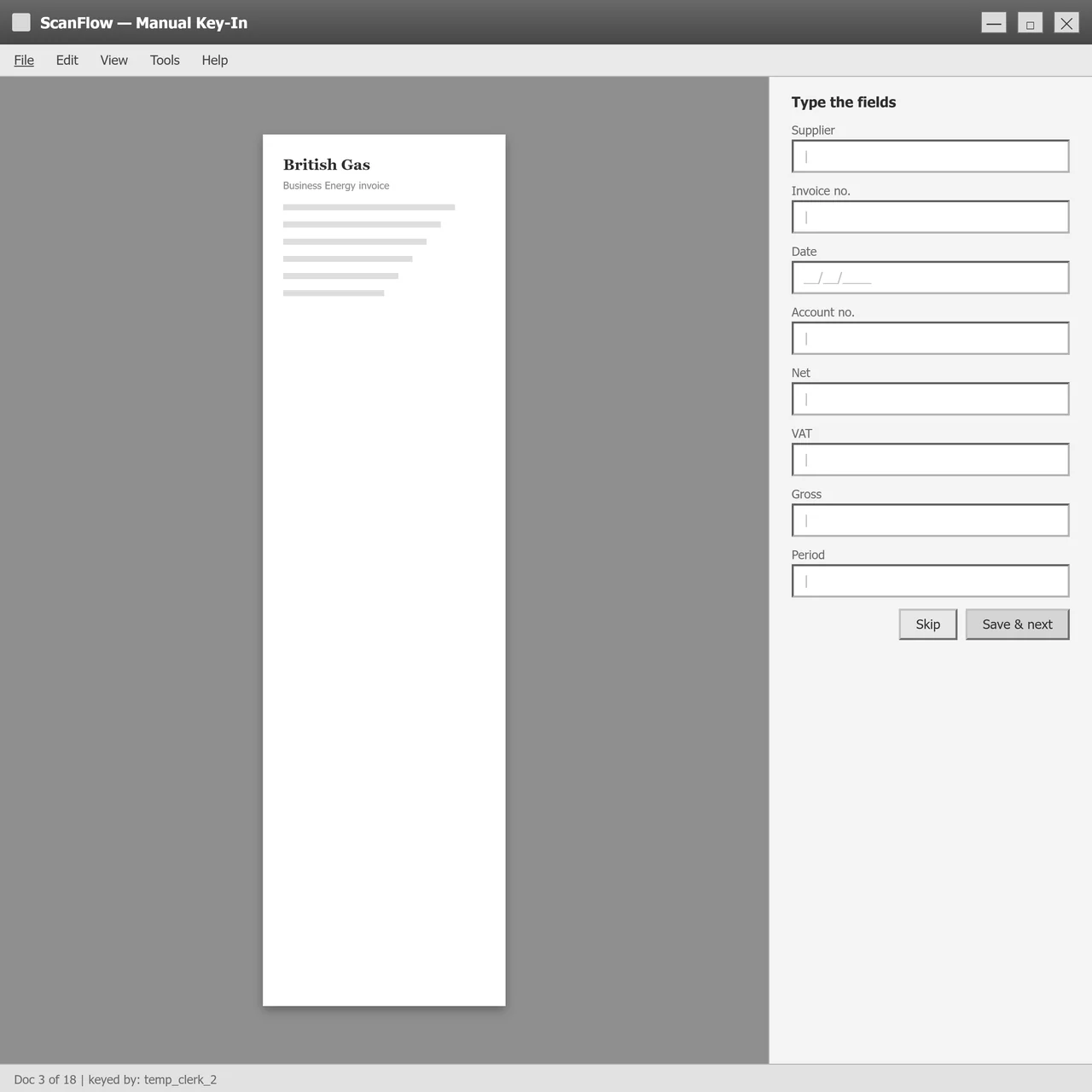 Manual invoice key-in process showing an AP clerk re-typing every field from a PDF into an ERP system