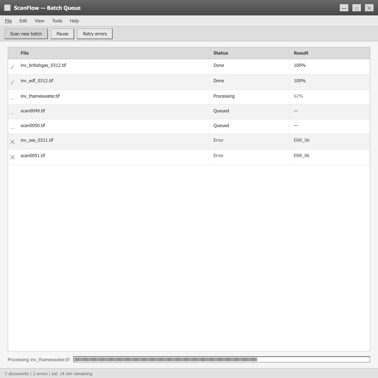 Scan queue of invoices waiting to be manually processed - PDFs sorted by hand
