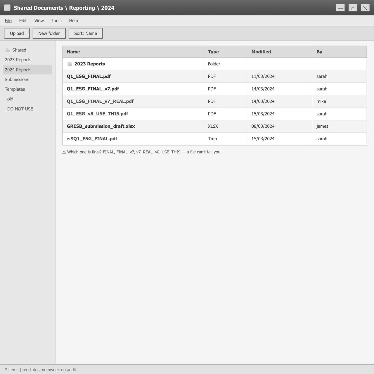 Platform showing reports as uploaded files with only a filename and date - no state, no owner, no audit trail